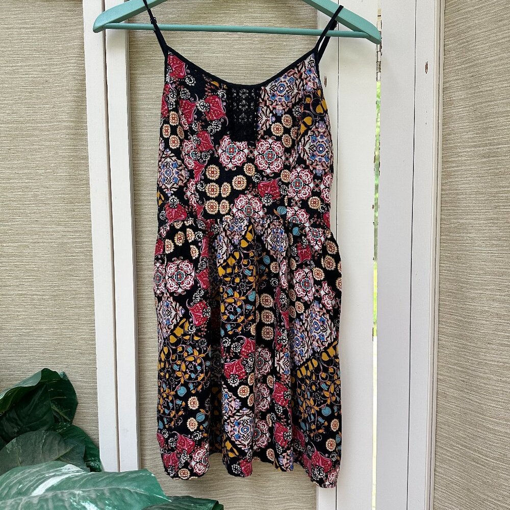 Band of Gypsies Patchwork Mini Dress M Boho Cotton Lace Festival Sundress